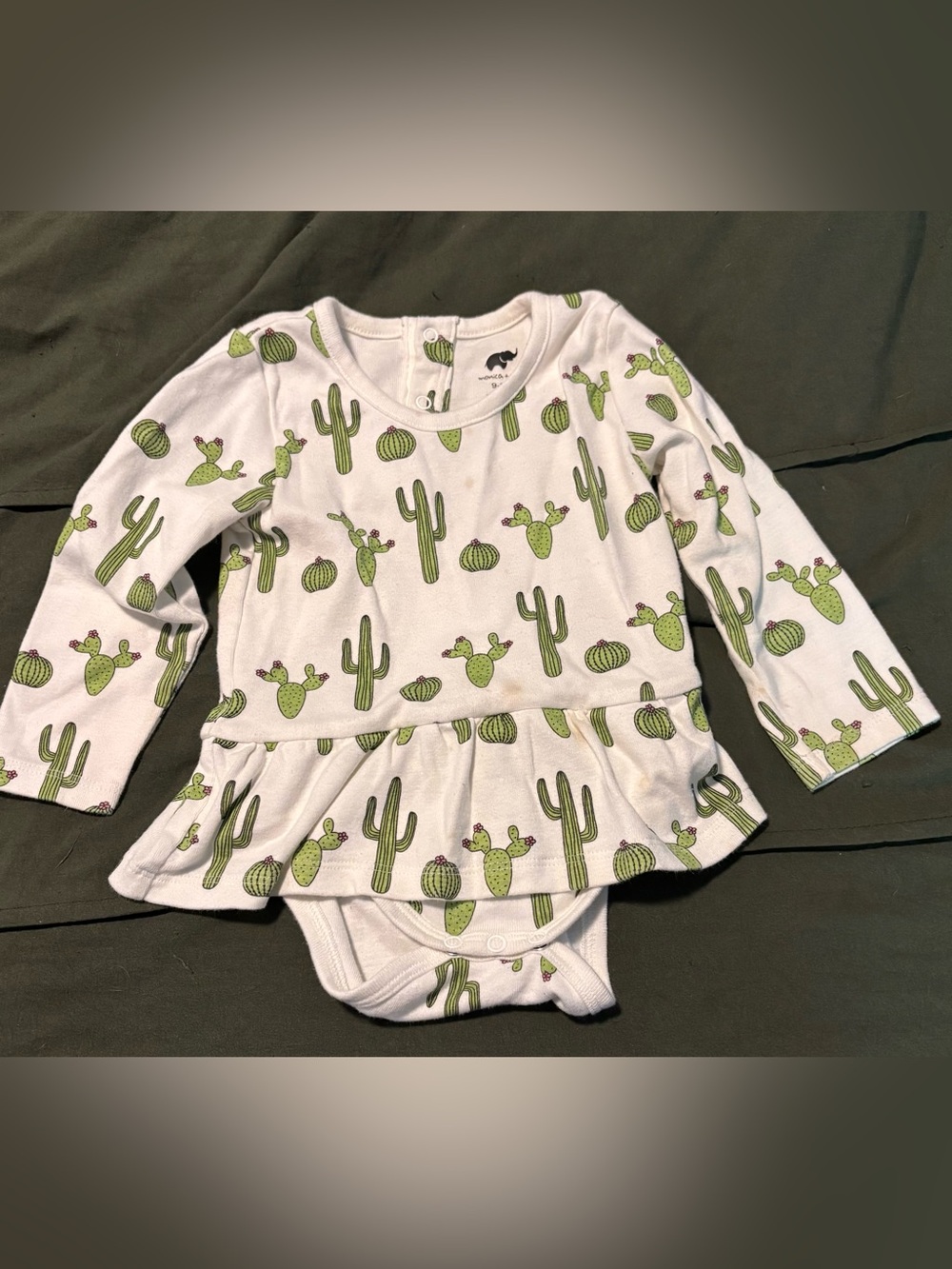 Monica + Andy White Long‑Sleeve Baby Bodysuit Dress with Green Cactus Print